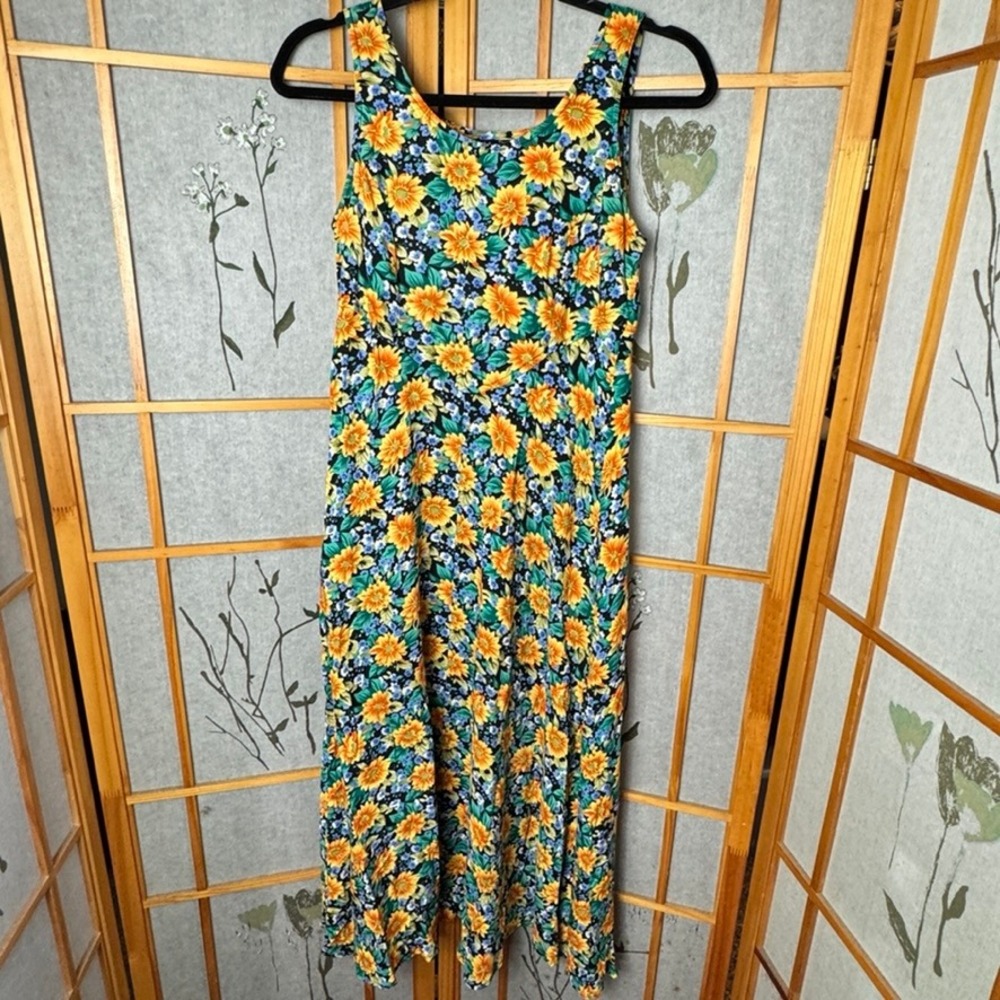 Vintage All That Jazz Sunflower Floral Maxi Dress 90s Rayon Sleeveless Y2K